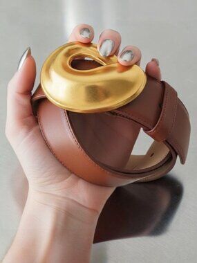 VINTAGE ROBERT LEE MORRIS Leather Belt Gold Swirl Buckle 80s Wearable Art Deco